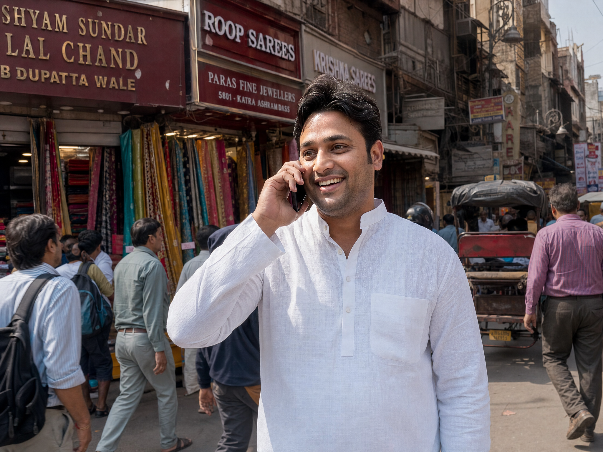 Indian businessman in a bustling market speaking on phone — representing real Indian sales conversations